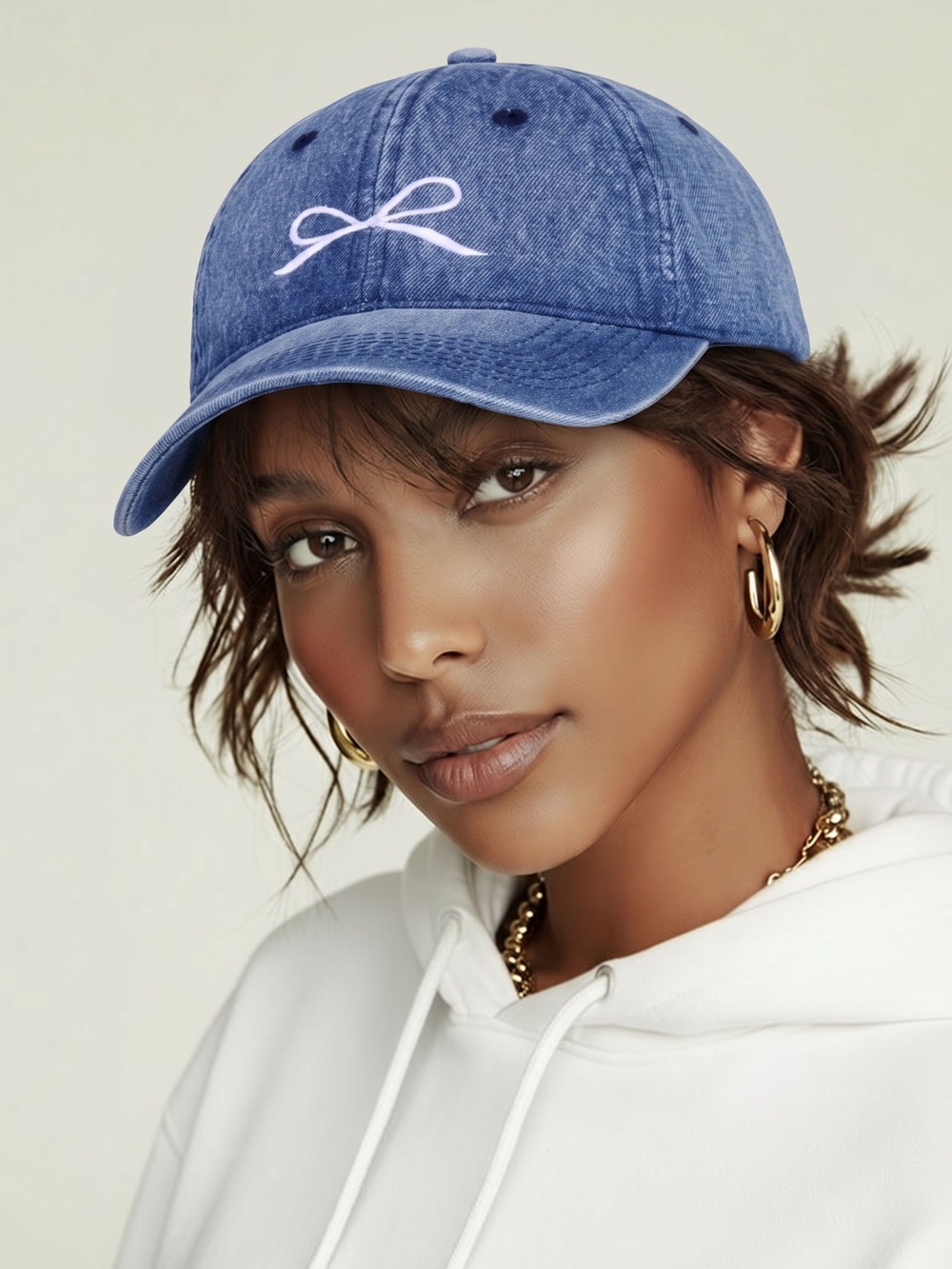 NWT Women’s Blue Denim Wash Baseball Cap Hat Bow Embroidered Adjustable Strap